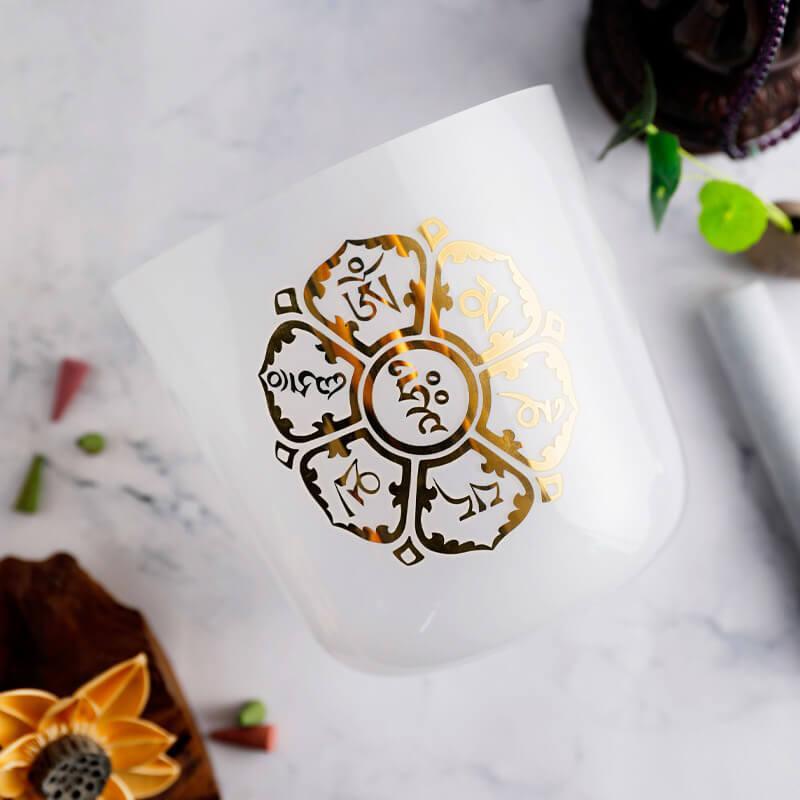 White Crystal Singing Bowl Golden Sanskrit Meditation, Relaxation, Unique Design