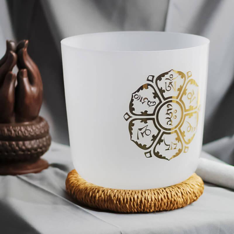 White Crystal Singing Bowl Golden Sanskrit Meditation, Relaxation, Unique Design