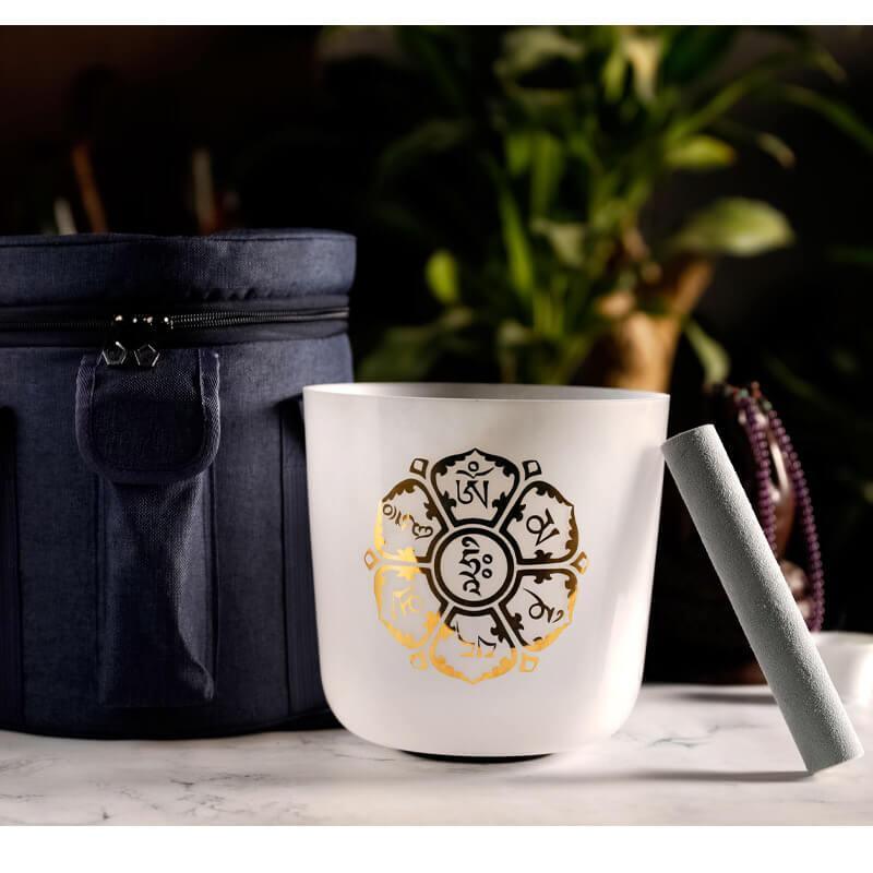 White Crystal Singing Bowl Golden Sanskrit Meditation, Relaxation, Unique Design