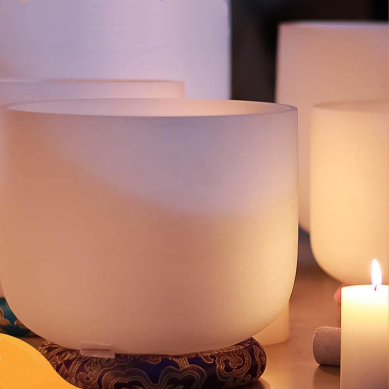Classic White Frosted Crystal Sound Bowl Set with Chakra Sign Therapy, Sound Healing