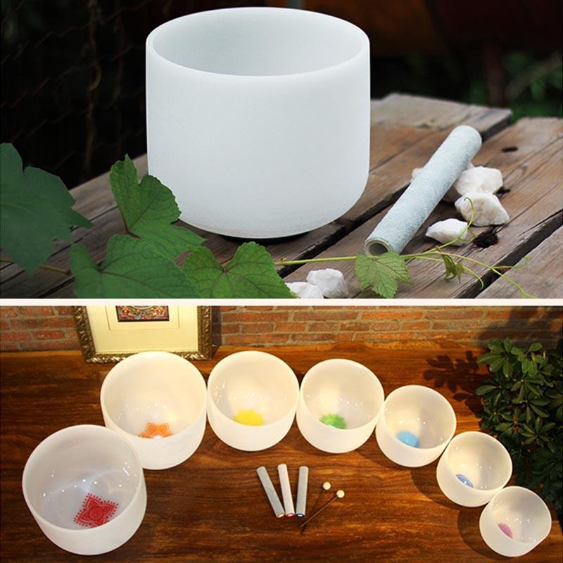 Classic White Frosted Crystal Sound Bowl Set with Chakra Sign Therapy, Sound Healing