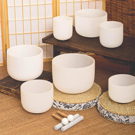 White Frosted Crystal Singing Bowl Set - 7-Chakra Sound Healing, Quartz Therapy for Yoga & Meditation