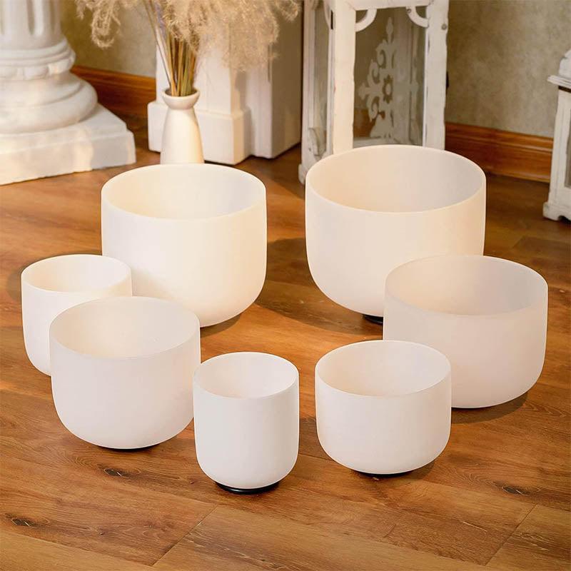 White Frosted Crystal Singing Bowl Set - 7-Chakra Sound Healing, Quartz Therapy for Yoga & Meditation