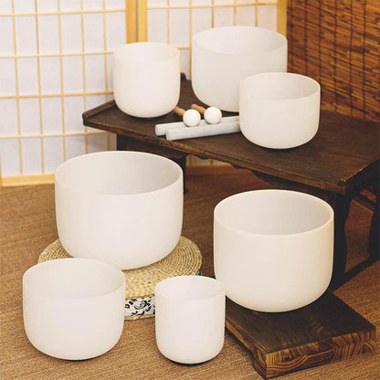 White Frosted Crystal Singing Bowl Set - 7-Chakra Sound Healing, Quartz Therapy for Yoga & Meditation