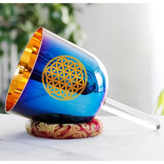 Vibrant Blue Handle Singing Bowl - Flower of Life Design