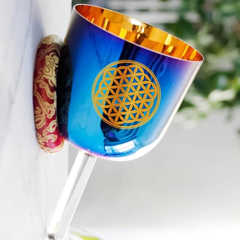 Vibrant Blue Handle Singing Bowl - Flower of Life Design