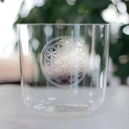 Clear Crystal Singing Bowl - Flower of Life Design - Meditation, Relaxation, Healing
