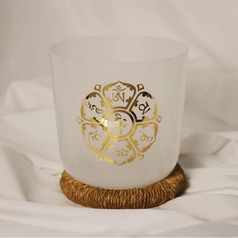 White Crystal Singing Bowl Golden Sanskrit Meditation, Relaxation, Unique Design