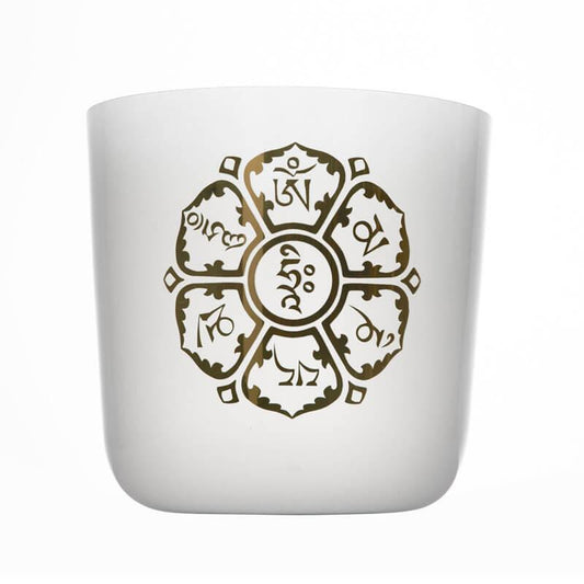 White Crystal Singing Bowl Golden Sanskrit Meditation, Relaxation, Unique Design