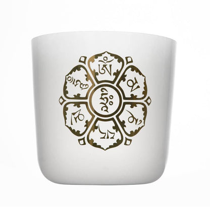 White Crystal Singing Bowl Golden Sanskrit Meditation, Relaxation, Unique Design