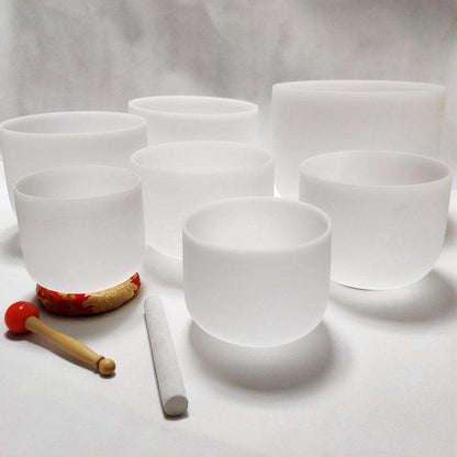 Classic White Frosted Crystal Sound Bowl Set with Chakra Sign Therapy, Sound Healing
