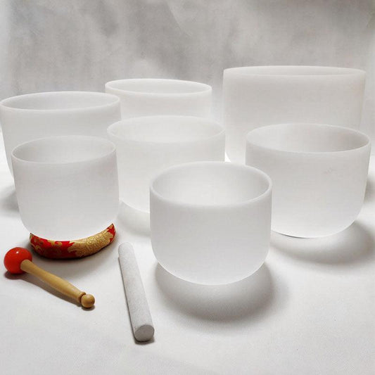 Classic White Frosted Crystal Sound Bowl Set with Chakra Sign Therapy, Sound Healing