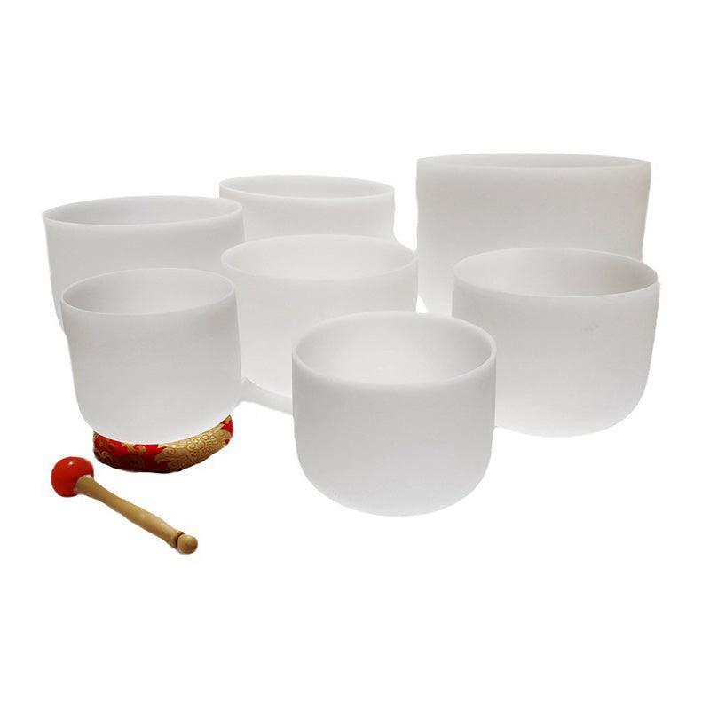 Classic White Frosted Crystal Sound Bowl Set with Chakra Sign Therapy, Sound Healing