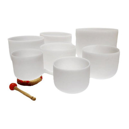 Classic White Frosted Crystal Sound Bowl Set with Chakra Sign Therapy, Sound Healing