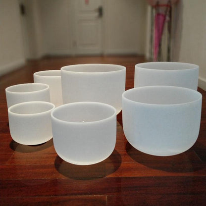 Classic White Frosted Crystal Sound Bowl Set with Chakra Sign Therapy, Sound Healing
