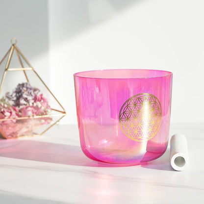 Pink Purple Crystal Singing Bowl Flower of Life Design Sound Healing, Artistic Resonance