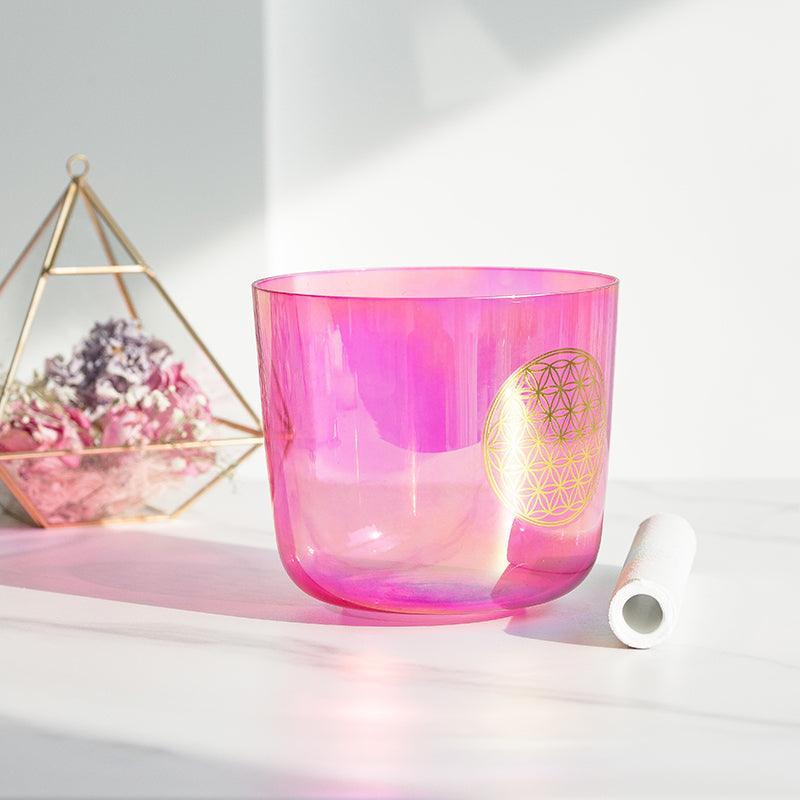 Pink Purple Crystal Singing Bowl Flower of Life Design Sound Healing, Artistic Resonance