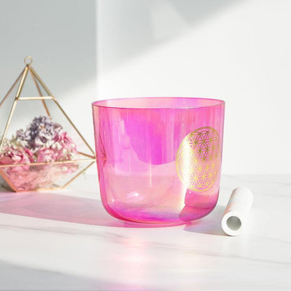 Pink Purple Crystal Singing Bowl Flower of Life Design Sound Healing, Artistic Resonance