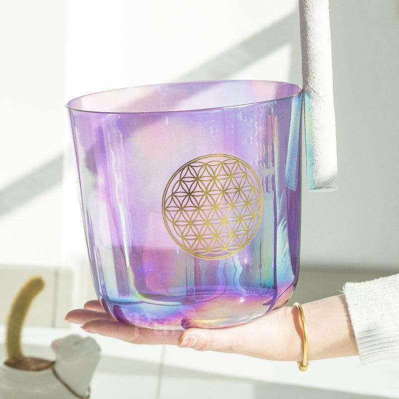 Pink Purple Crystal Singing Bowl Flower of Life Design Sound Healing, Artistic Resonance